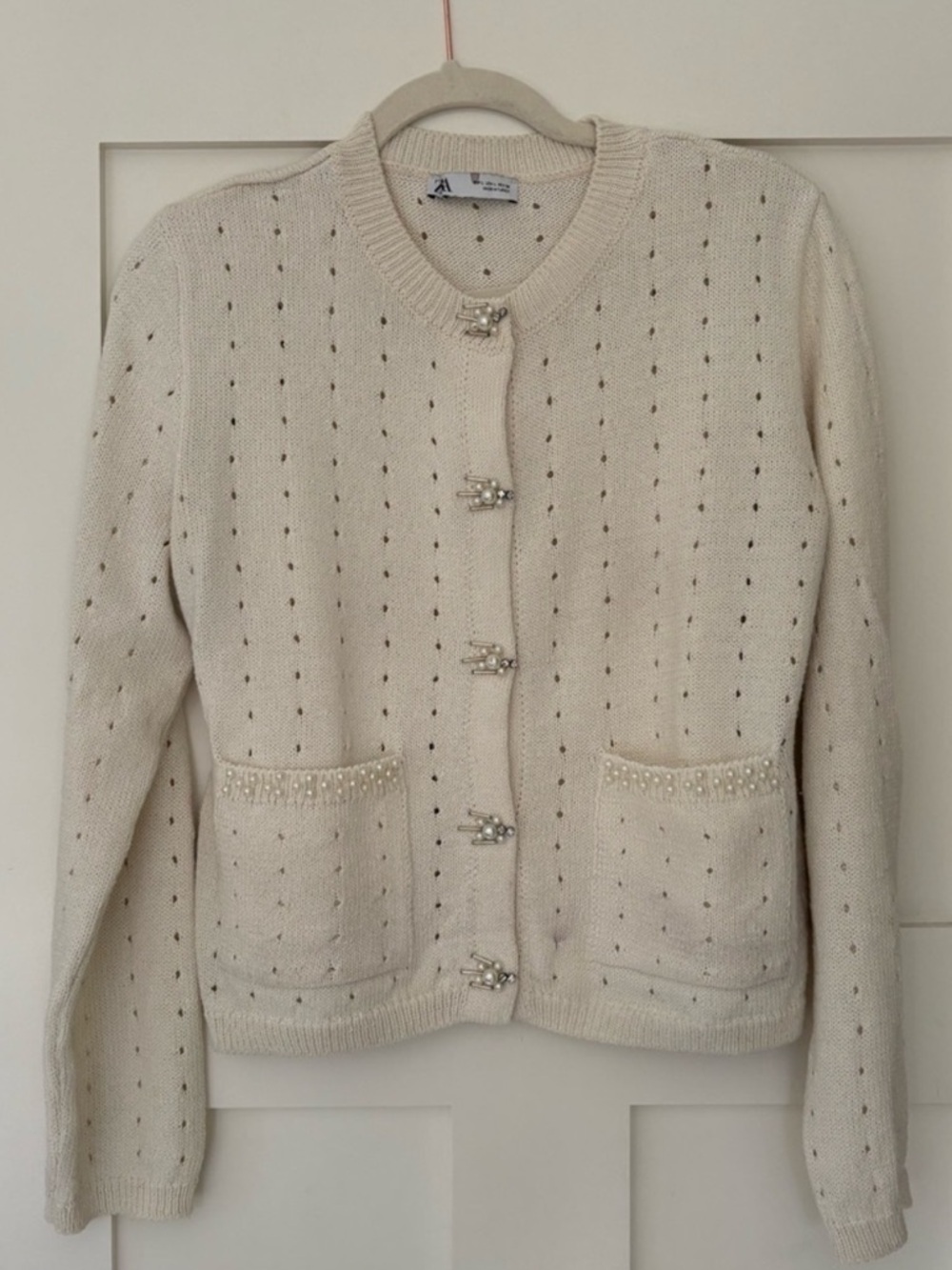 Zara Cream Knit Cardigan Sweater w/ Pearl Detail & Pockets – Size L - Picture 3 of 6